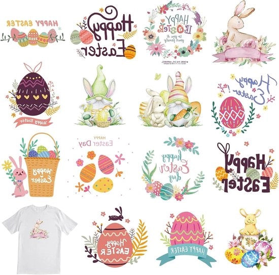 Sticker opstrijkbare trasferimenti - 15 fogli coniglio uovo coniglio adesivi patch per trasferimento di calore per abbigliamento tasche cuscini copri cuscino decorazioni DIY
