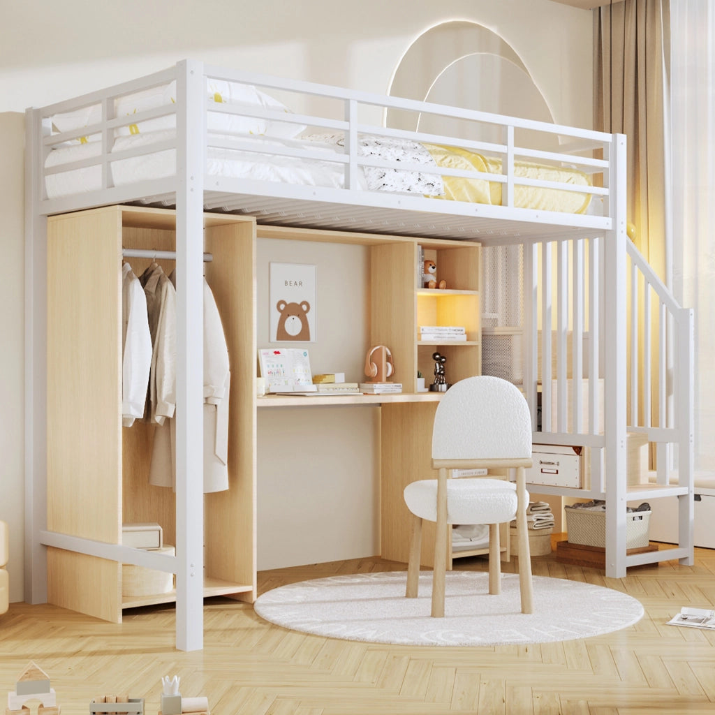 Letto a soppalco con armadio e scrivania - Zephmum- 90x200 cm, struttura in ferro, spazio di archiviazione, bianco