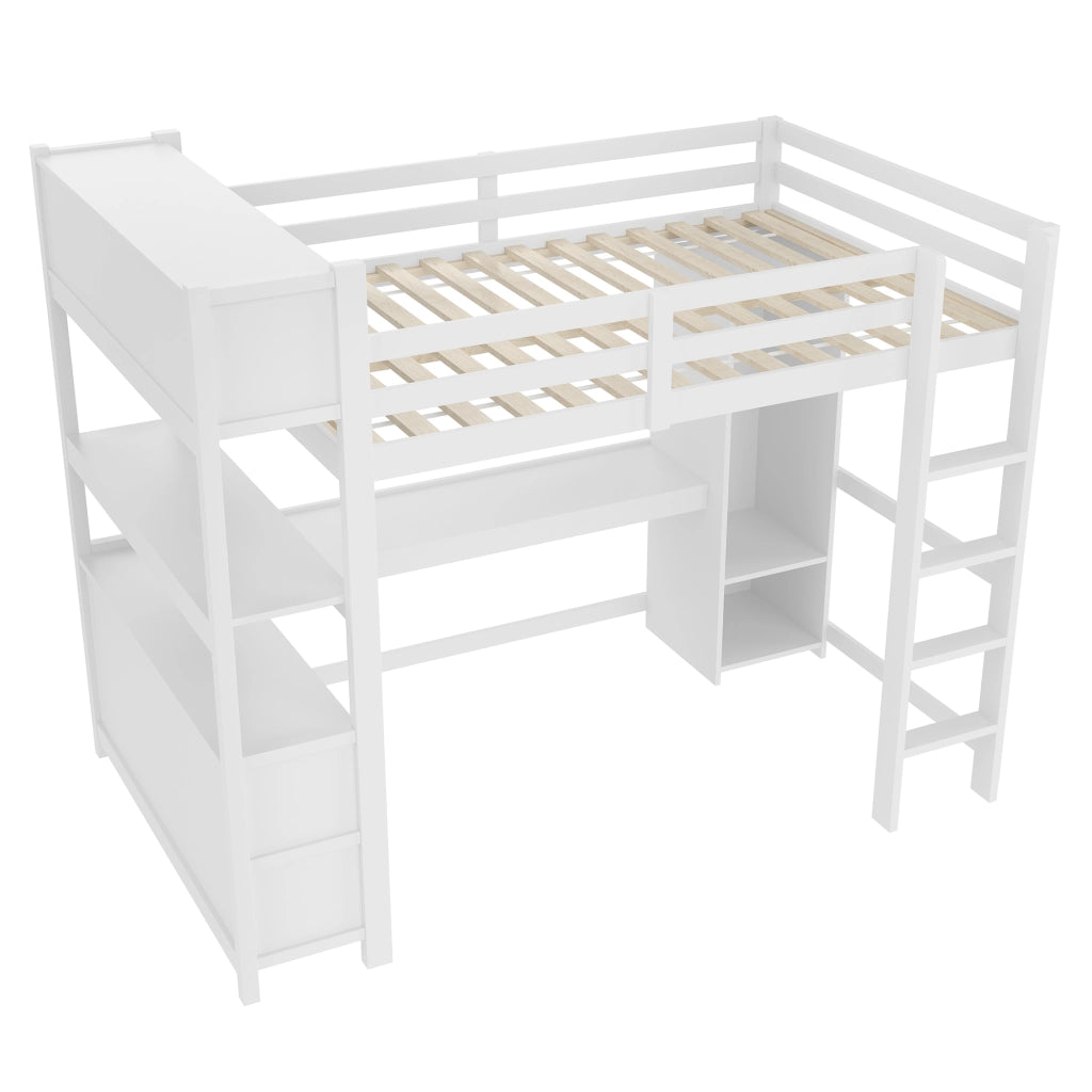 OKWISH Letto a soppalco 140×200 cm, Letto Matrimoniale con Scrivania, Armadio e Scaffali Contenitore, senza Materasso, in Pino, Bianco