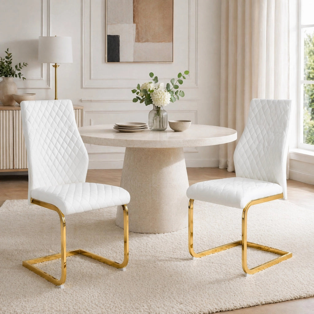 Sedia da Pranzo Set da 2 con Schienale Alto Ergonomico e Seduta Imbottita in PU Bianco e Metallo Dorato