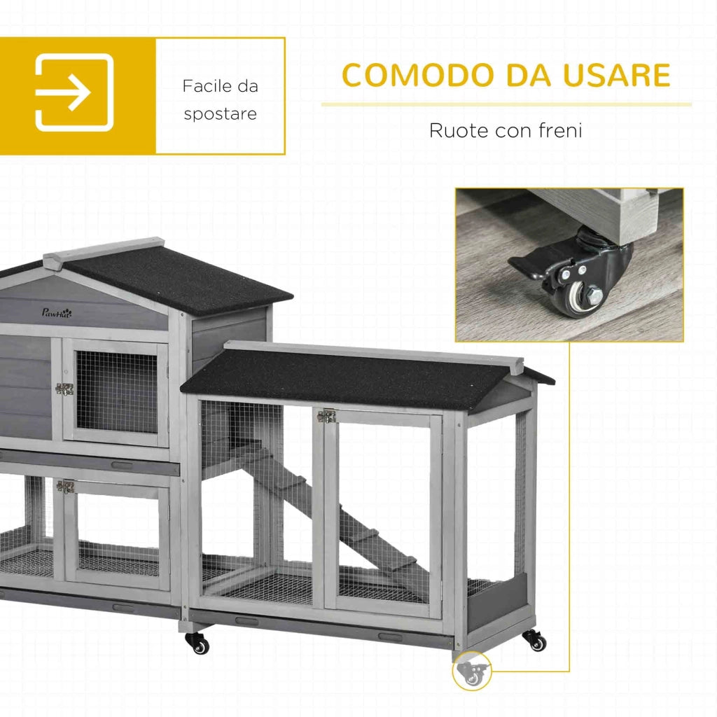 Conigliera da Esterno 157,4x53x99,5 cm a 2 Livelli con Casetta e Spazio Aperto Recintato in Legno Grigio