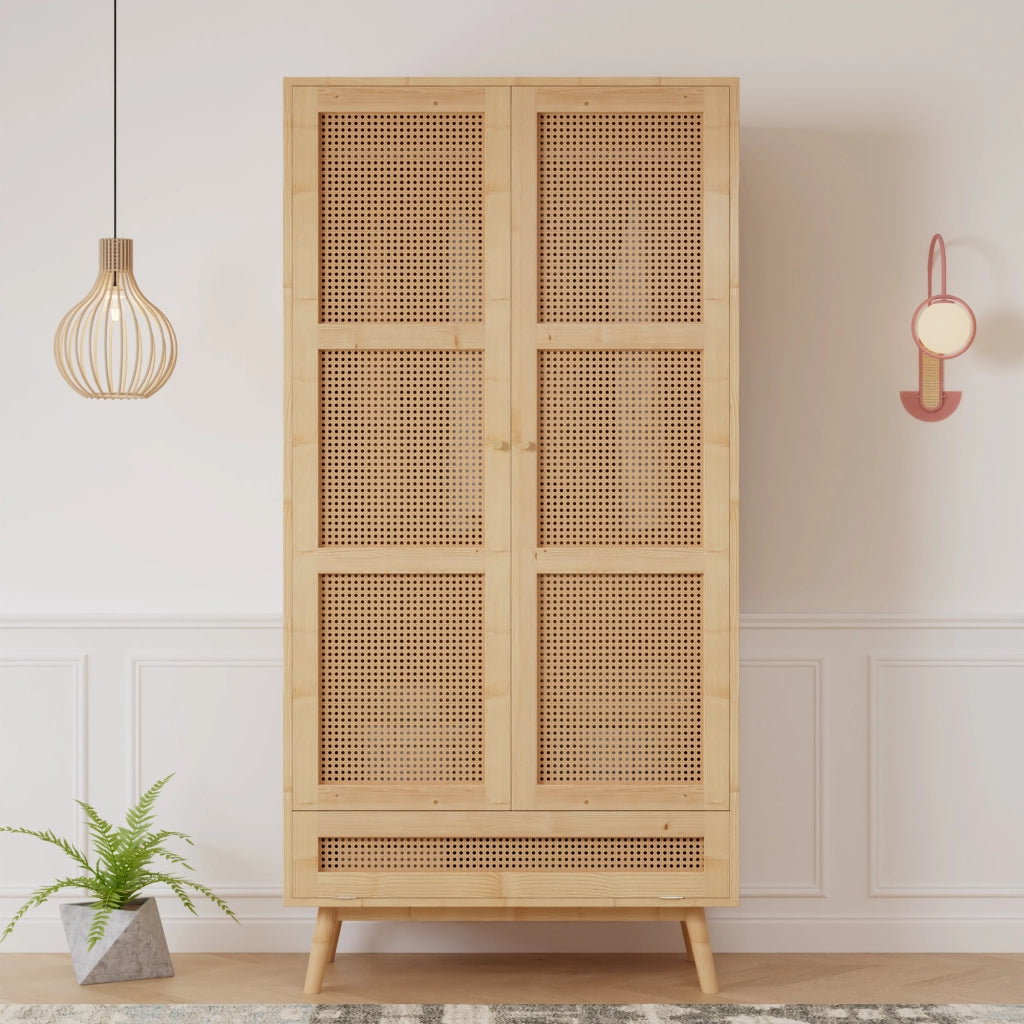 Armadio Camera da Letto 90×45×183 cm con Porte in Rattan; Barra Porta Abiti e Spazio Salvaspazio Inferiore
