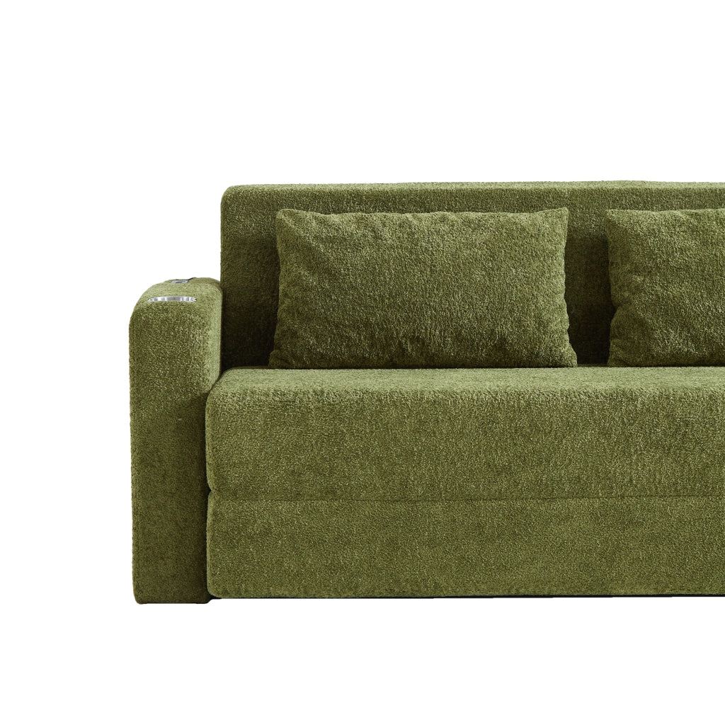 Divano letto 2 posti con funzione letto; USB; portabicchieri e tasche laterali in schiuma verde