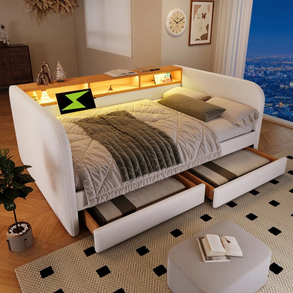 Letto Imbottito Contenitore con LED e 2 Cassetti ¨C Xylo ¨C Tessuto Beige Chiaro 140x190