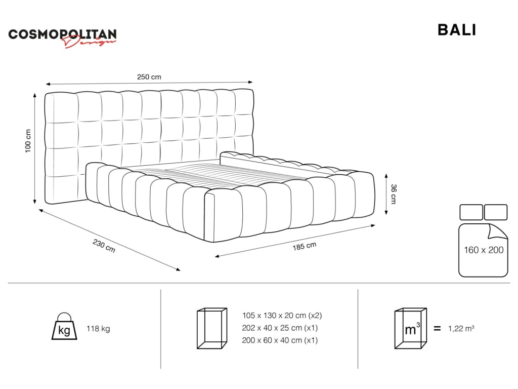 Cosmopolitan Design - Letto a cassettone con testiera doppia "Bali" 160x200cm in velluto grigio chiaro 