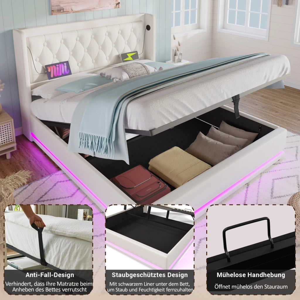 Letto contenitore matrimoniale 140×200 cm con LED; USB Type-C; testiera imbottita; materasso incluso; PU; bianco