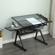Scrivania lineare inclinabile con piano in vetro temperato, cassetti metallici e sgabello, nera, 101 × 72 × 17 cm