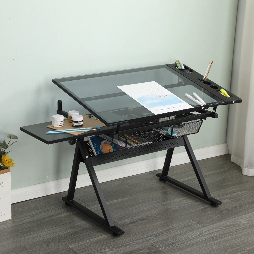 Scrivania lineare inclinabile con piano in vetro temperato, cassetti metallici e sgabello, nera, 101 × 72 × 17 cm