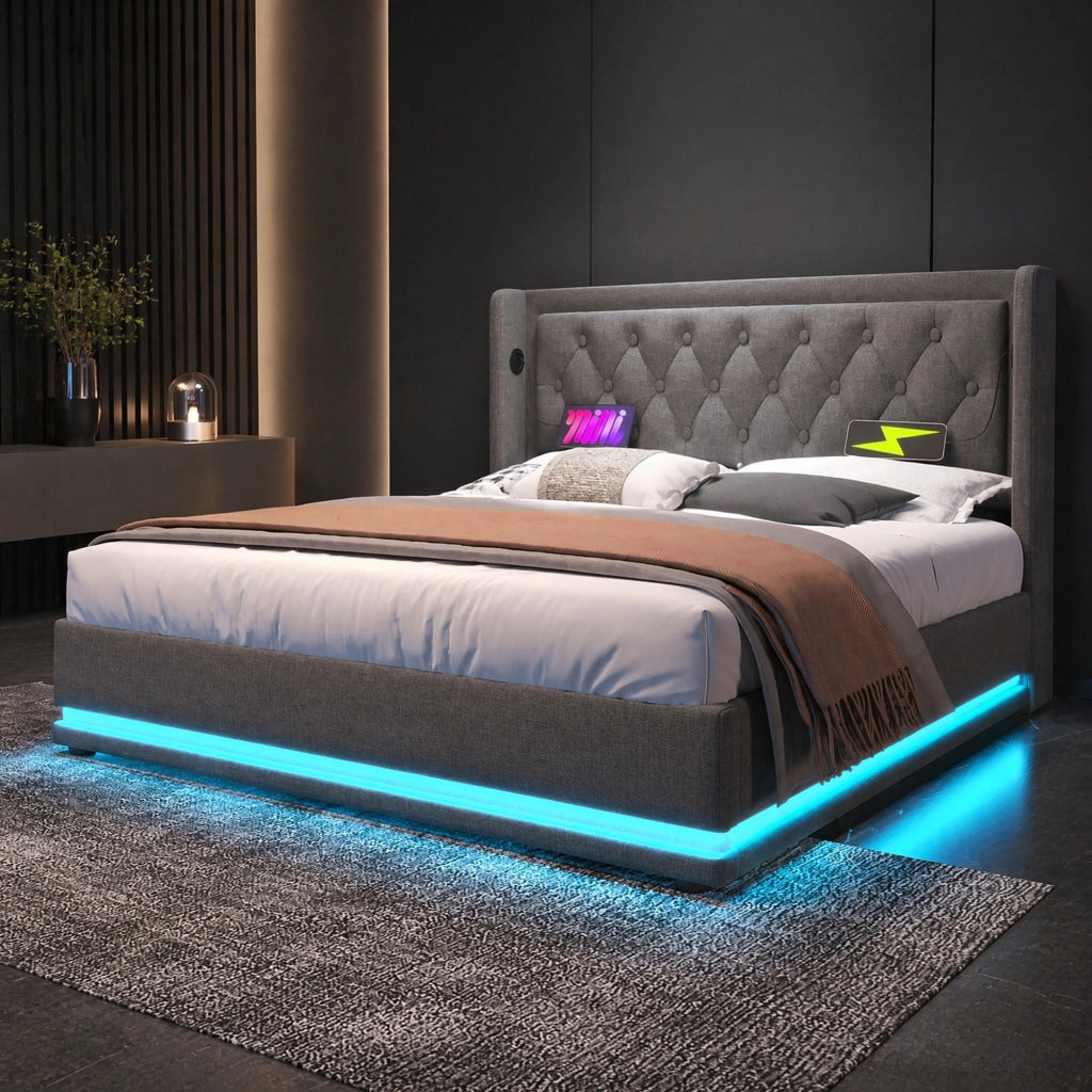 DESMIU Letto contenitore letto matrimoniale con USB, Type-C e LED regolabile 160 × 200 cm, senza materasso