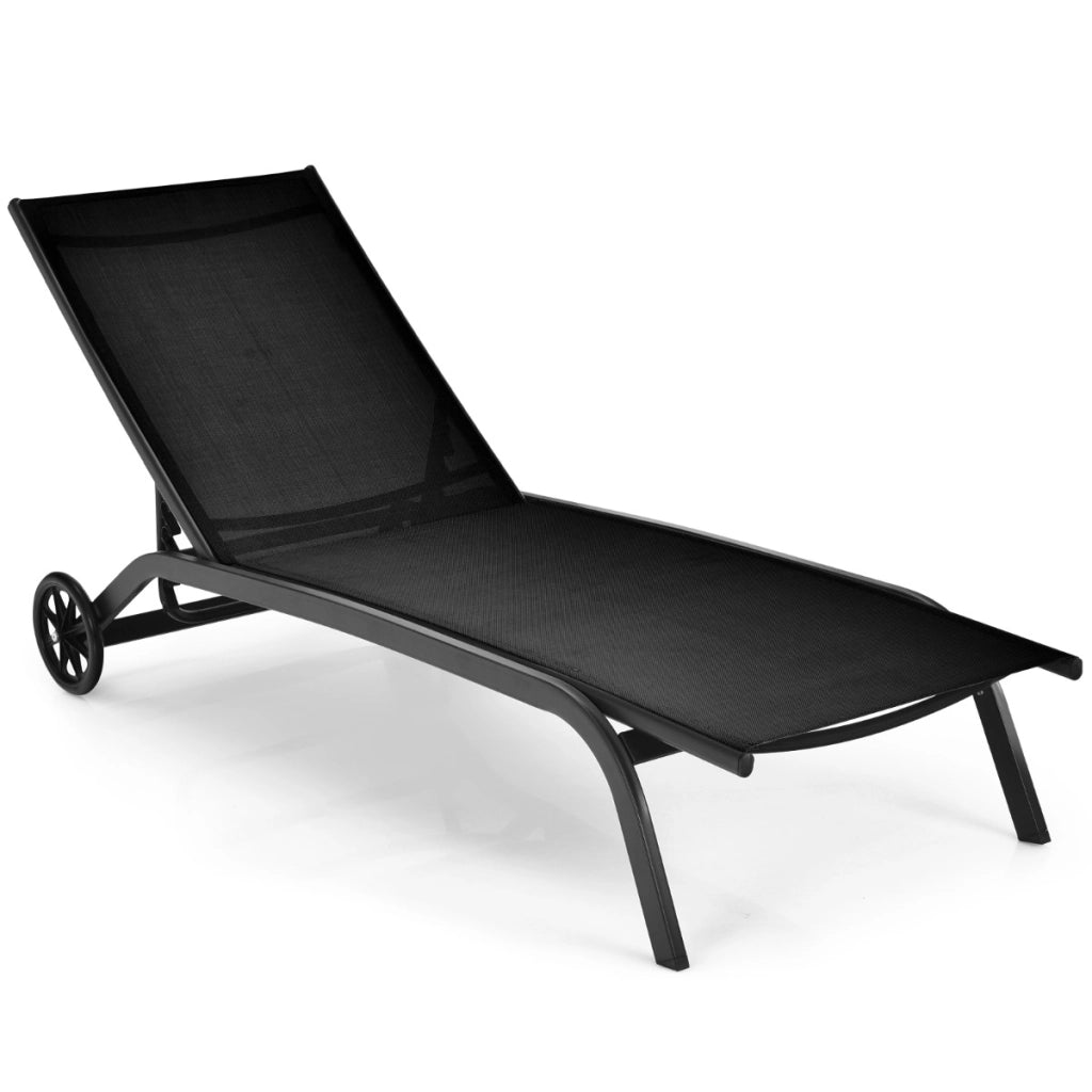 Chaise longue regolabile per cortile con ruote, Sedia a sdraio reclinabile in 6 posizioni da esterno Nero