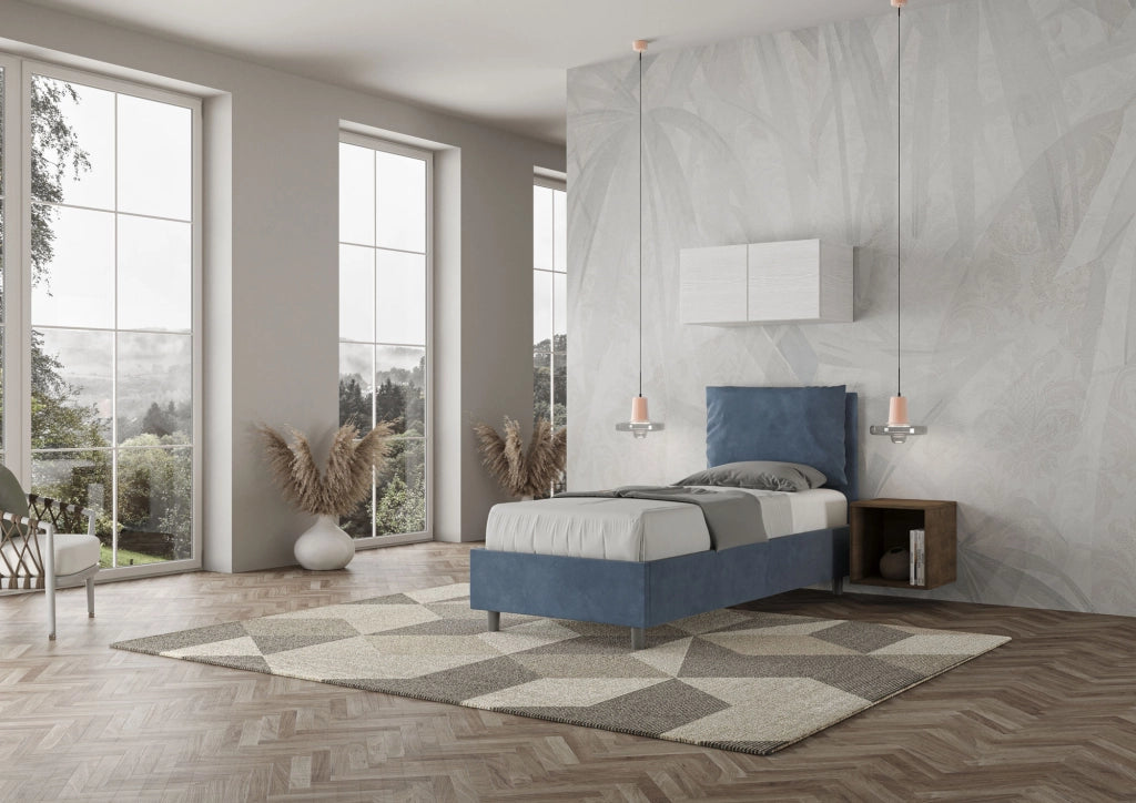 BS COM Letto singolo senza rete imbottito 90x200 microfibra blu