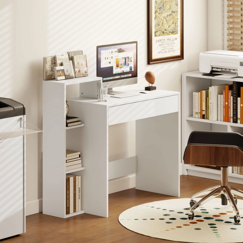 Scrivania Moderna 100x40x90 cm con Ripiani e Cassetto in Legno Bianco