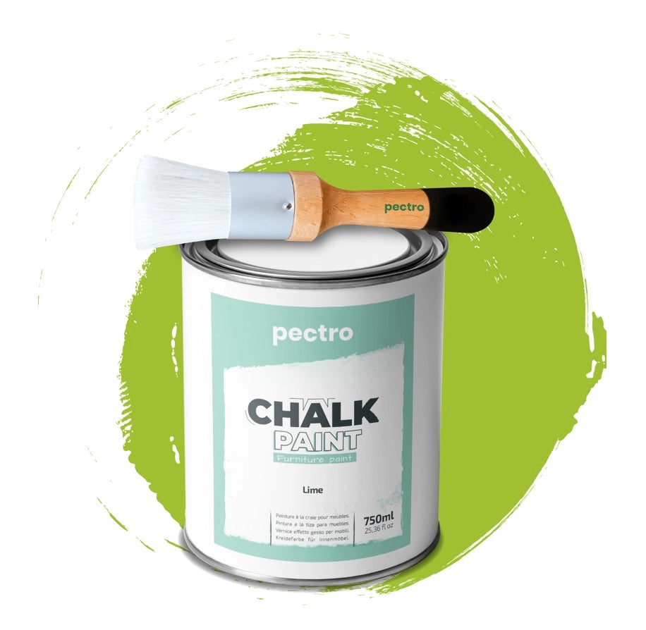 Chalk Paint Vernice a Gesso 750ml + Pennello Tondo in Legno Pack LIME - Pittura per Mobili Senza Carteggiare