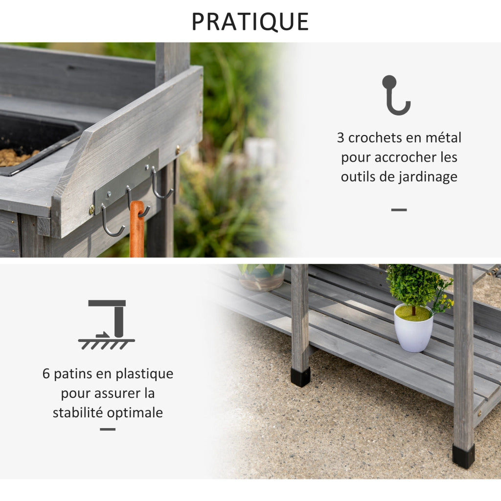 Tavolo da giardino per piante ¨C Xylo ¨C legno di pino grigio con cassetto, 3 ripiani, lavello