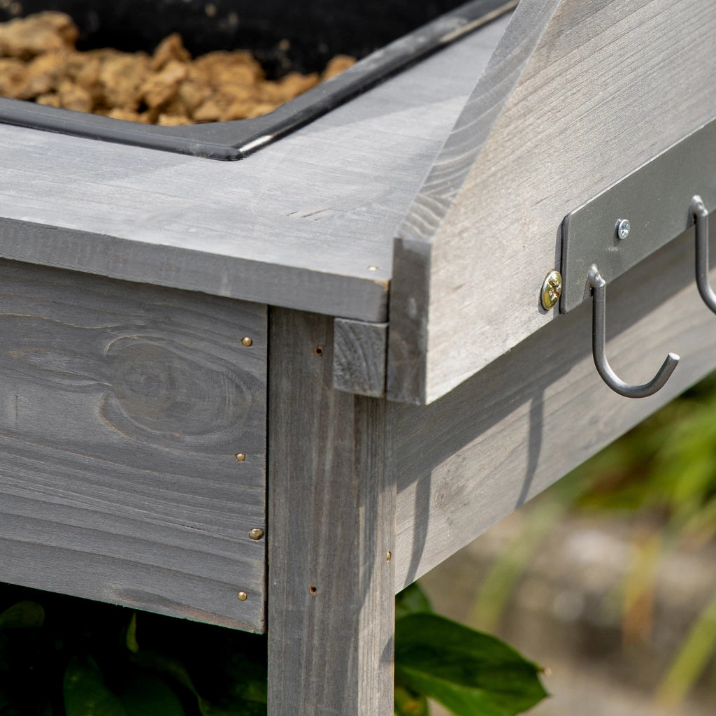Tavolo da giardino per piante ¨C Xylo ¨C legno di pino grigio con cassetto, 3 ripiani, lavello