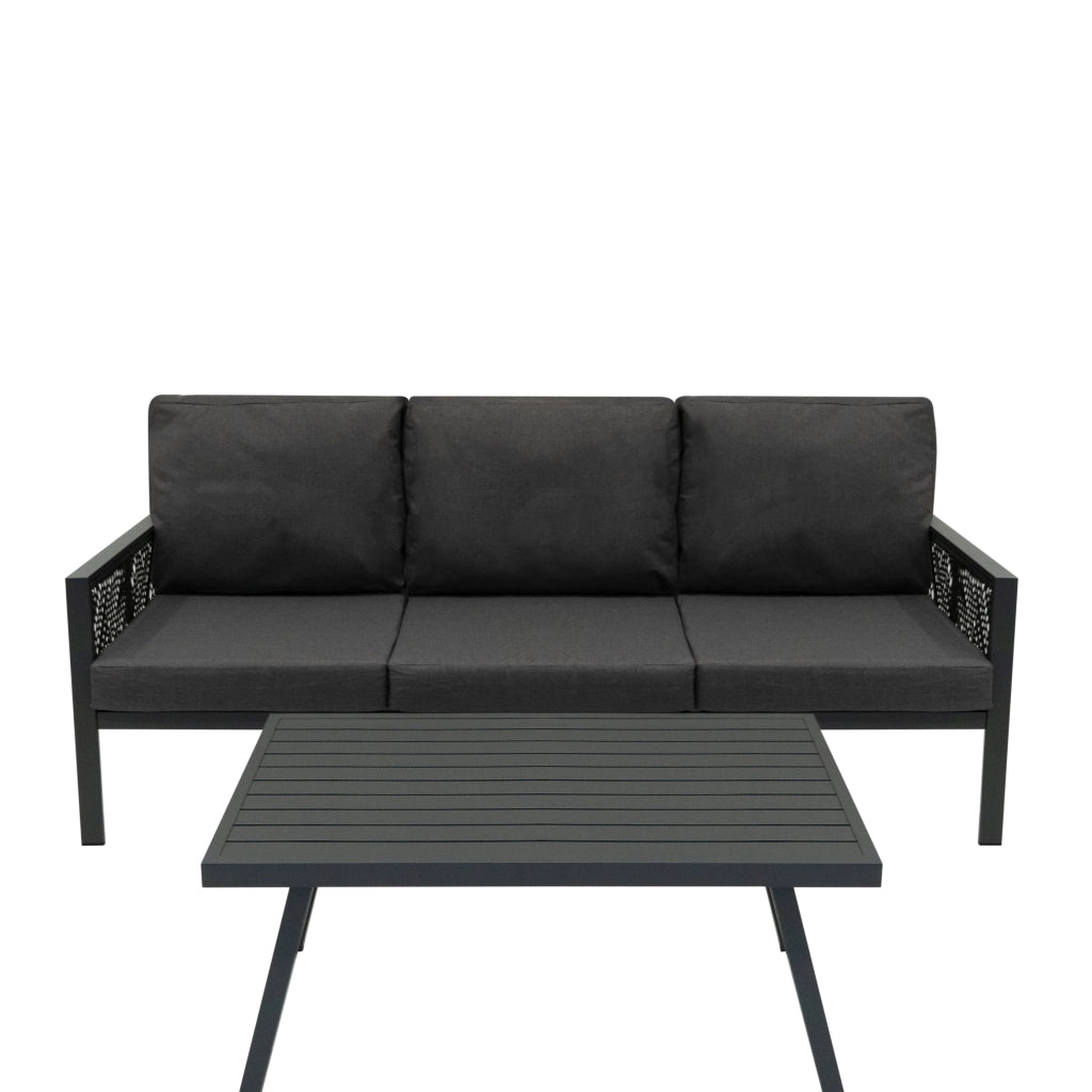 Set Mobili da Giardino 4pz Alluminio Grigio Antracite con Cassapanca Rattan Nera 582L