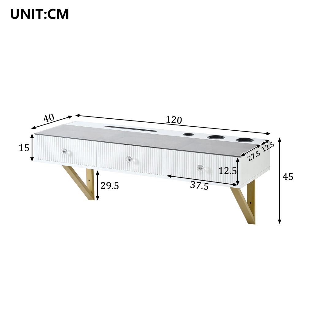 TOELETTA 120x40x45 cm Bianca con 3 cassetti e piano in vetro