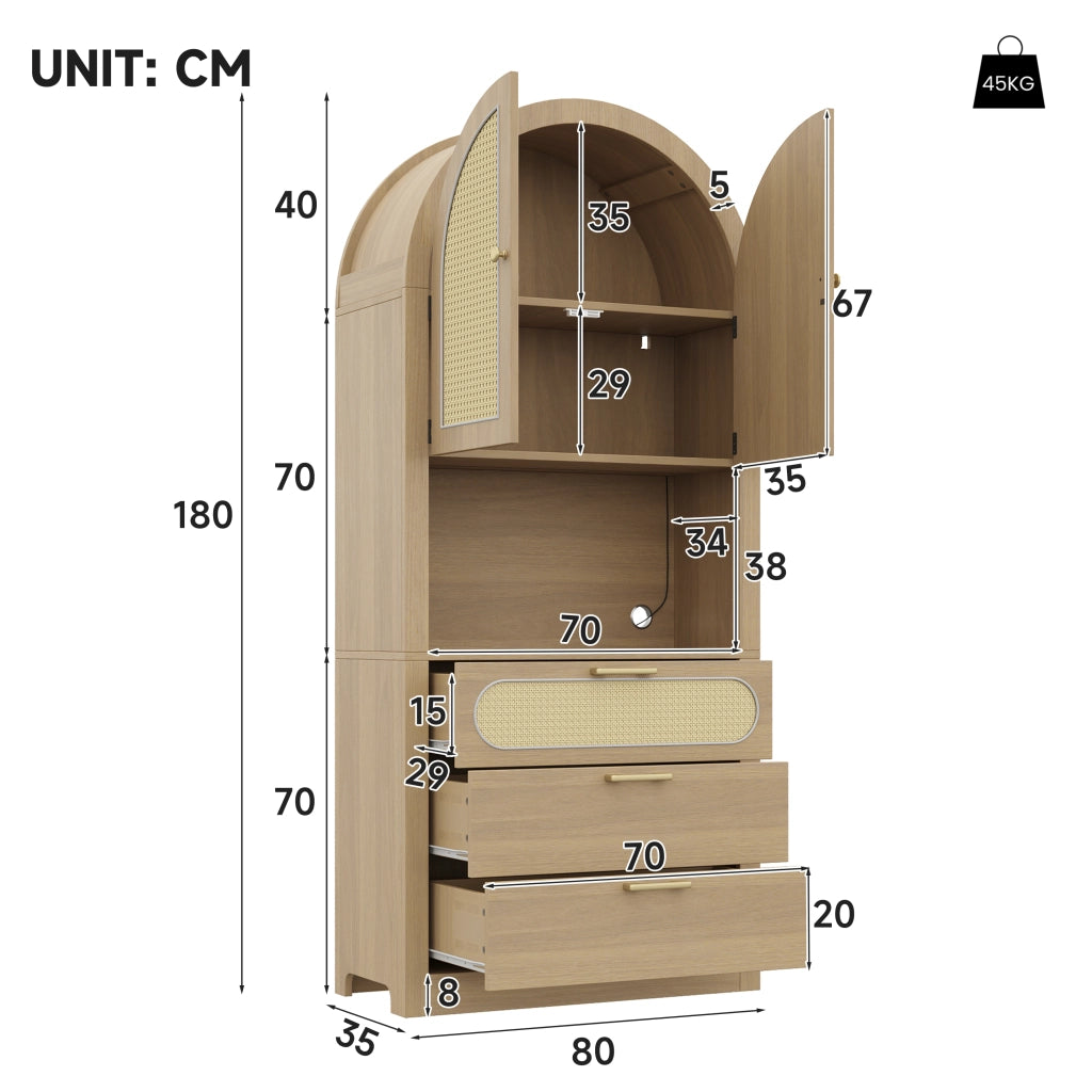 Mobile da cucina, mobile da ingresso, vetrina ad arco, luci a LED, ante in vimini, 3 cassetti, 80 x 35 x 180 cm, color rovere