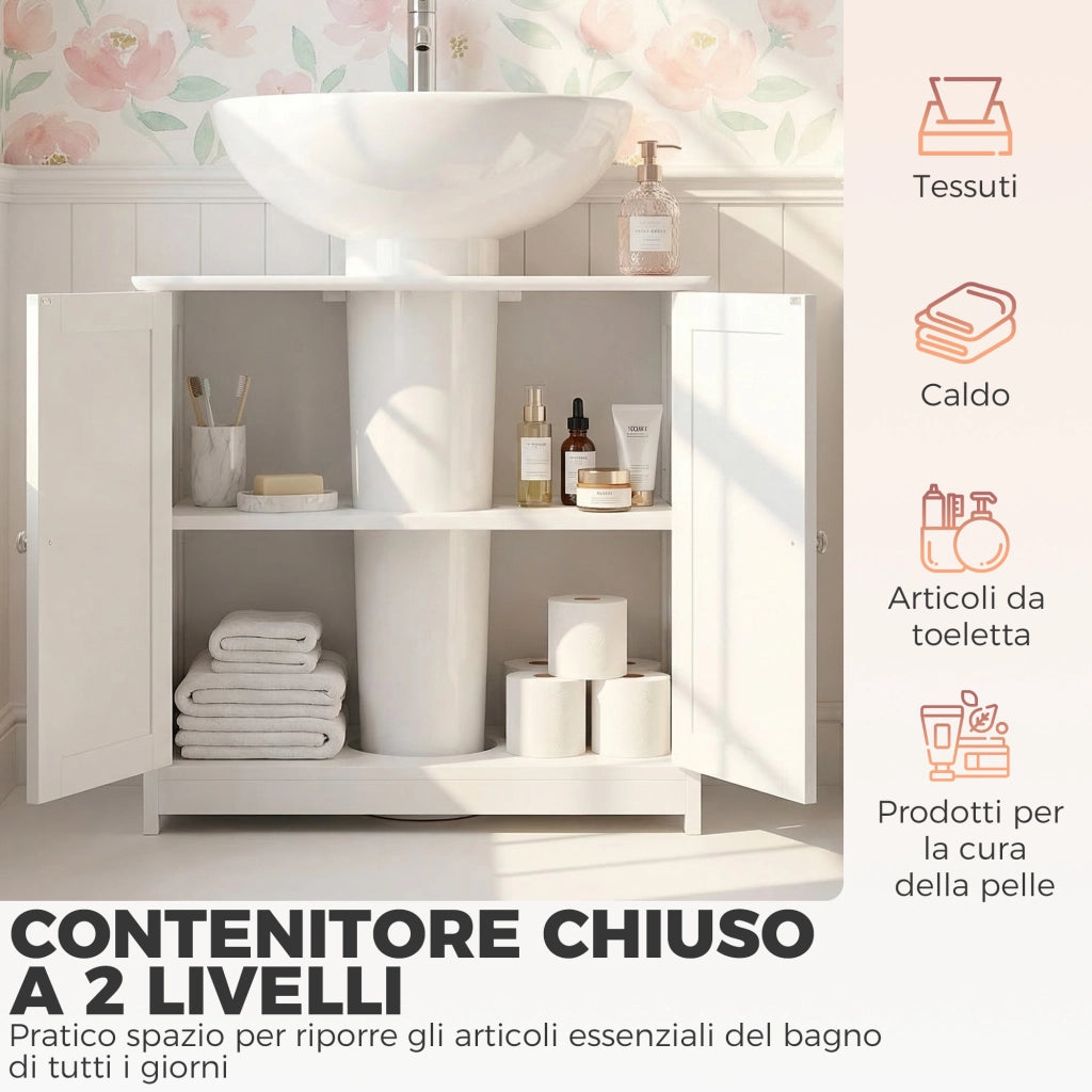 Mobile Sottolavabo a 2 Ante con Ripiano Regolabile ¨C Zephmum ¨C Bianco 60x30x60 cm