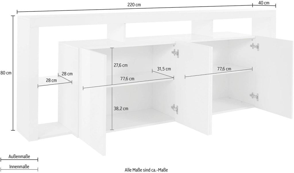 Credenza con 4 Ante e Ripiani in Vetro a Giorno 220x40x80 cm Essential 3A Bianco Lucido