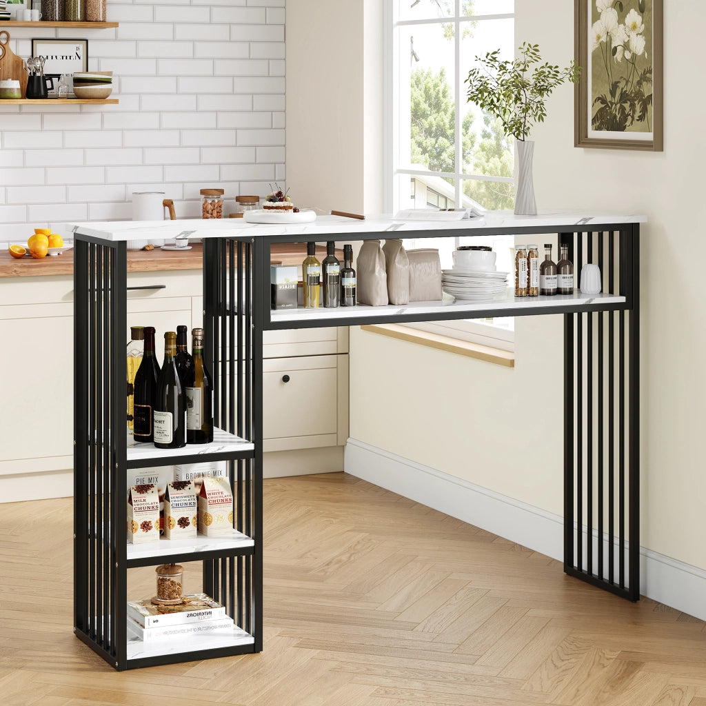 TAVOLO BAR con ripiani 140x40x105 cm MDF effetto marmo Bianco e Nero