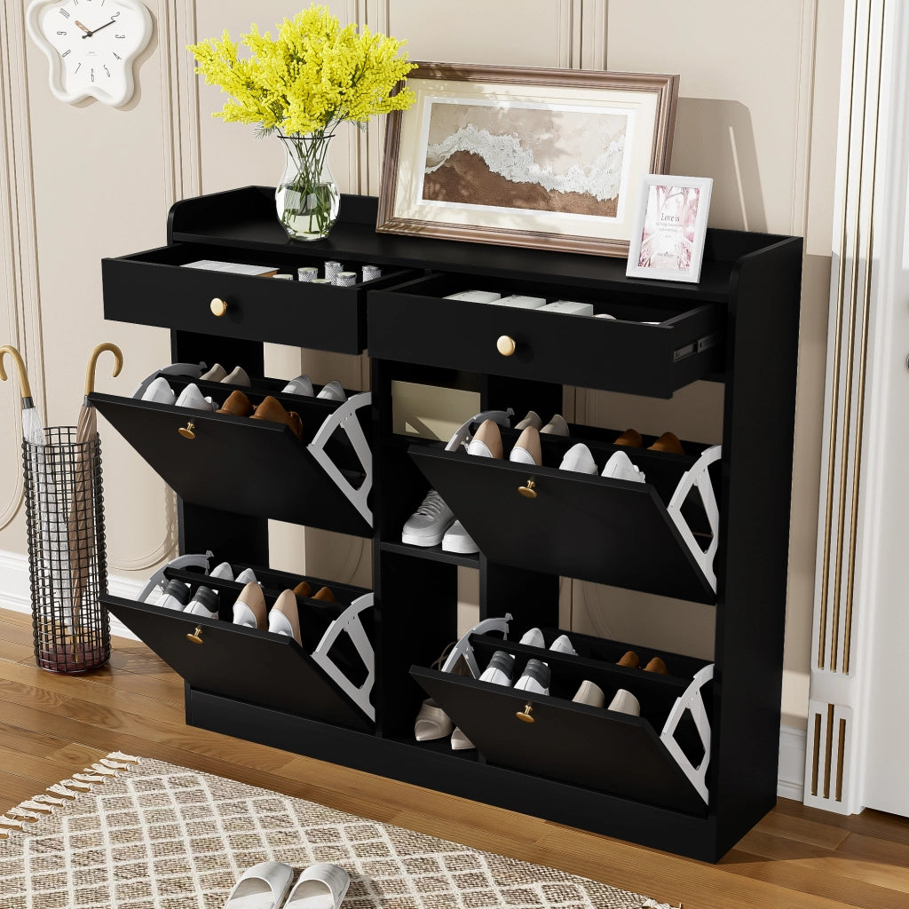 Scarpiera Nera 110×26×100 cm con 4 Ante a Ribalta; 2 Cassetti e 3 Vani Aperti; Mobile Porta Scarpe Salvaspazio