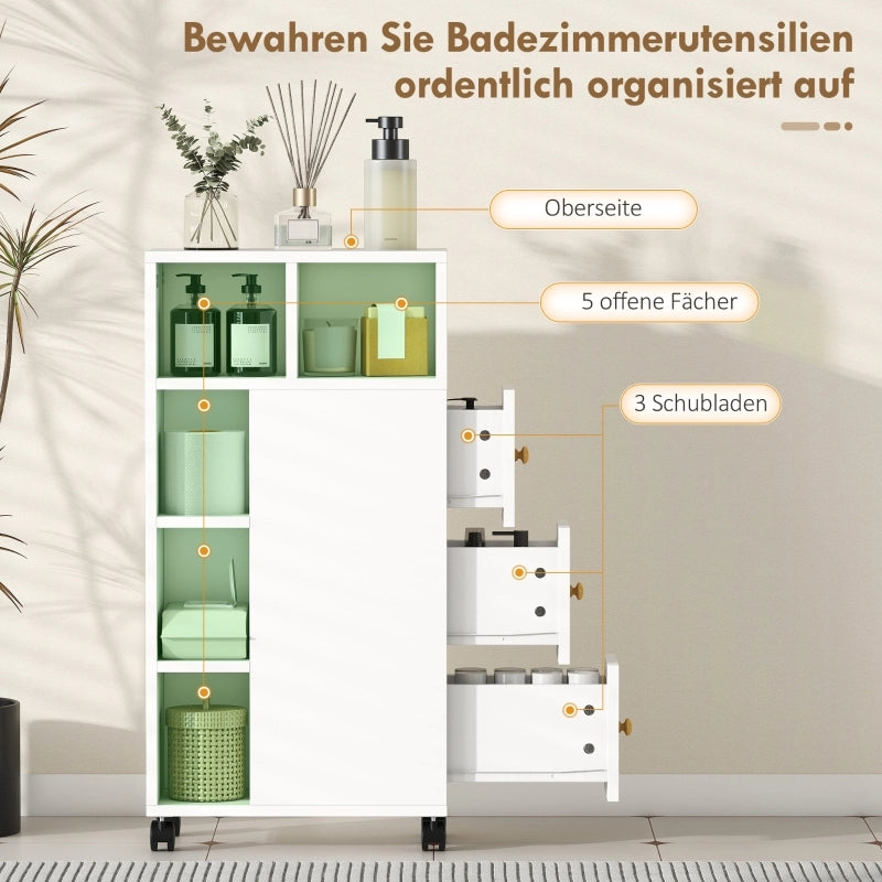 Mobiletto da bagno stretto, con 4 ruote, 3 cassetti, 5 vani a giorno, 20x40x80 cm, bianco.