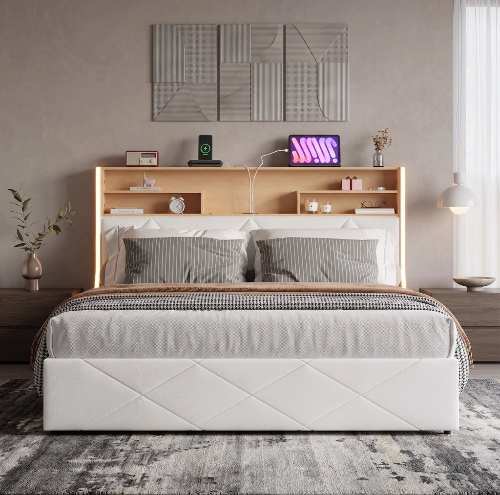 Letto matrimoniale 160x200 cm con contenitore LED USB Type-C testiera rete a doghe struttura letto metallo legno PU -bianco