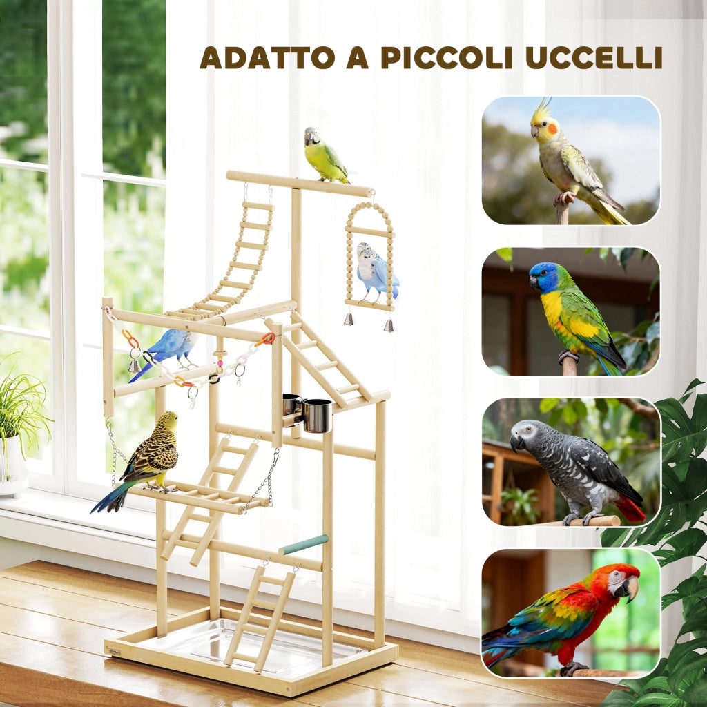 Trespolo per Pappagalli 48x38x95 cm con Giochi Vassoio Rimovibile e Posatoi in Legno Naturale
