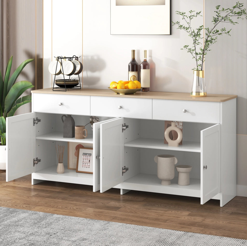 Credenza buffet rustica 160 cm con 4 ante; 3 cassetti e ripiani regolabili; bianco e legno