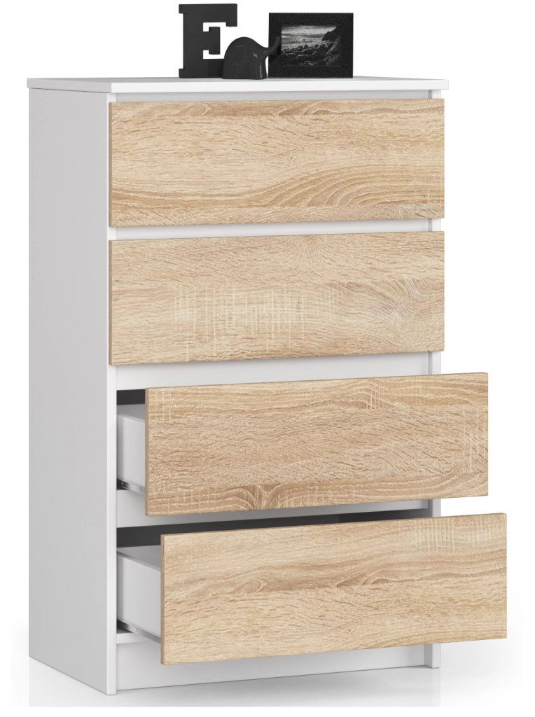 Cassettiera AKORD K60 Cassettiera Bianca 60 cm 4 cassetti inserto frontale Sonoma Quercia 60x40x99 cm