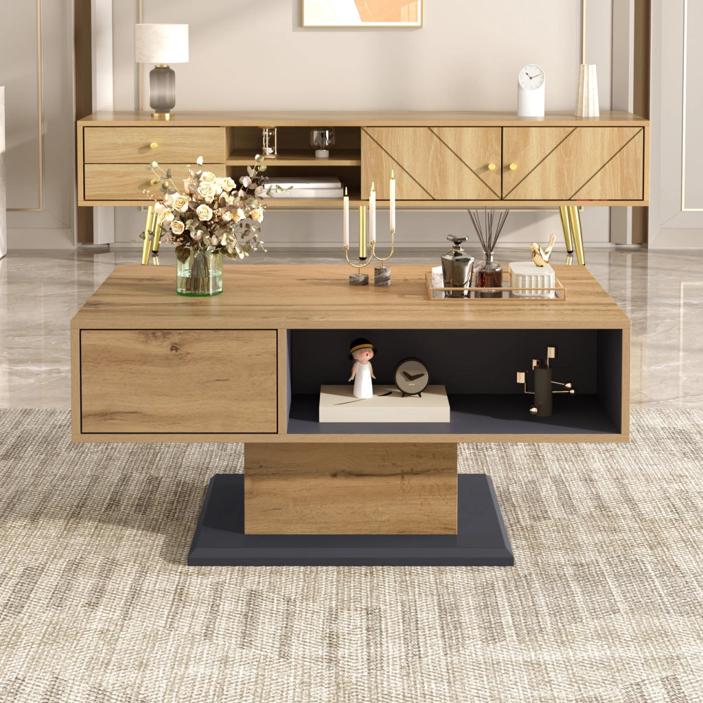 Tavolino da salotto con contenitore su due lati, vano interno, per soggiorno, in truciolare, rovere e grigio, 100 × 50 × 46,5 cm