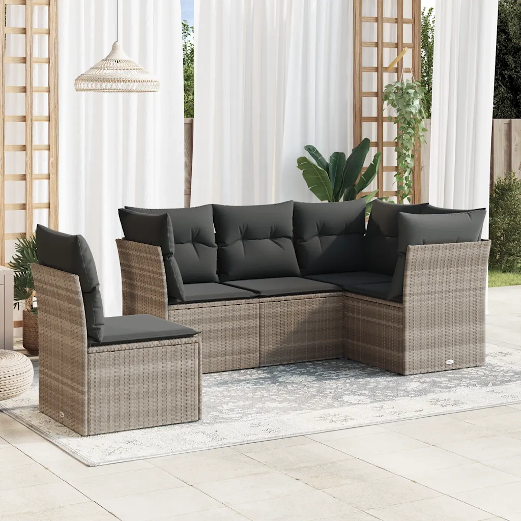 Set Divano da Giardino 5pz con Cuscini Grigio Chiaro Polyrattan