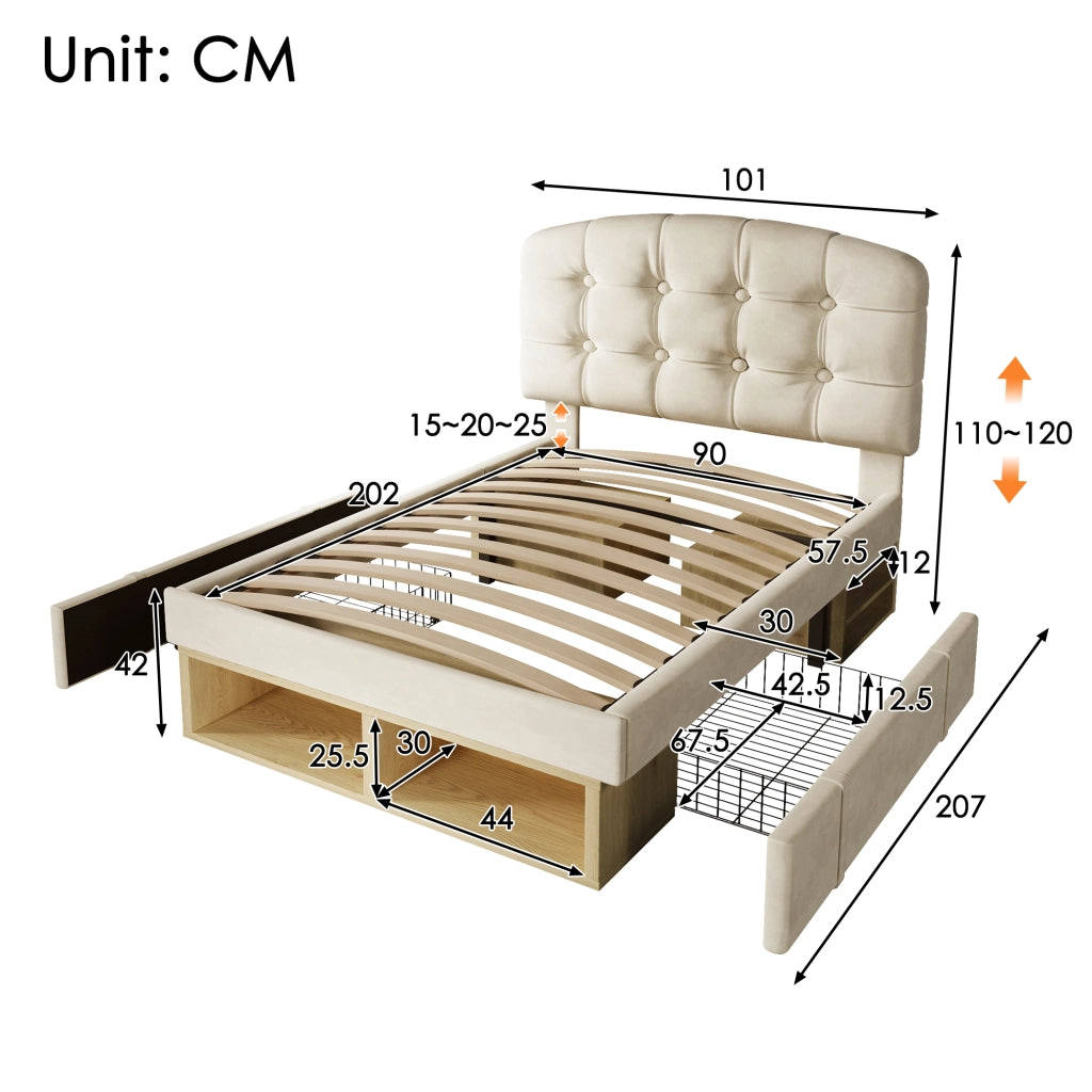 Letto Singolo Imbottito con Cassetti ¨C MINIMAL ¨C Velluto Beige, Testiera Regolabile, 90x200