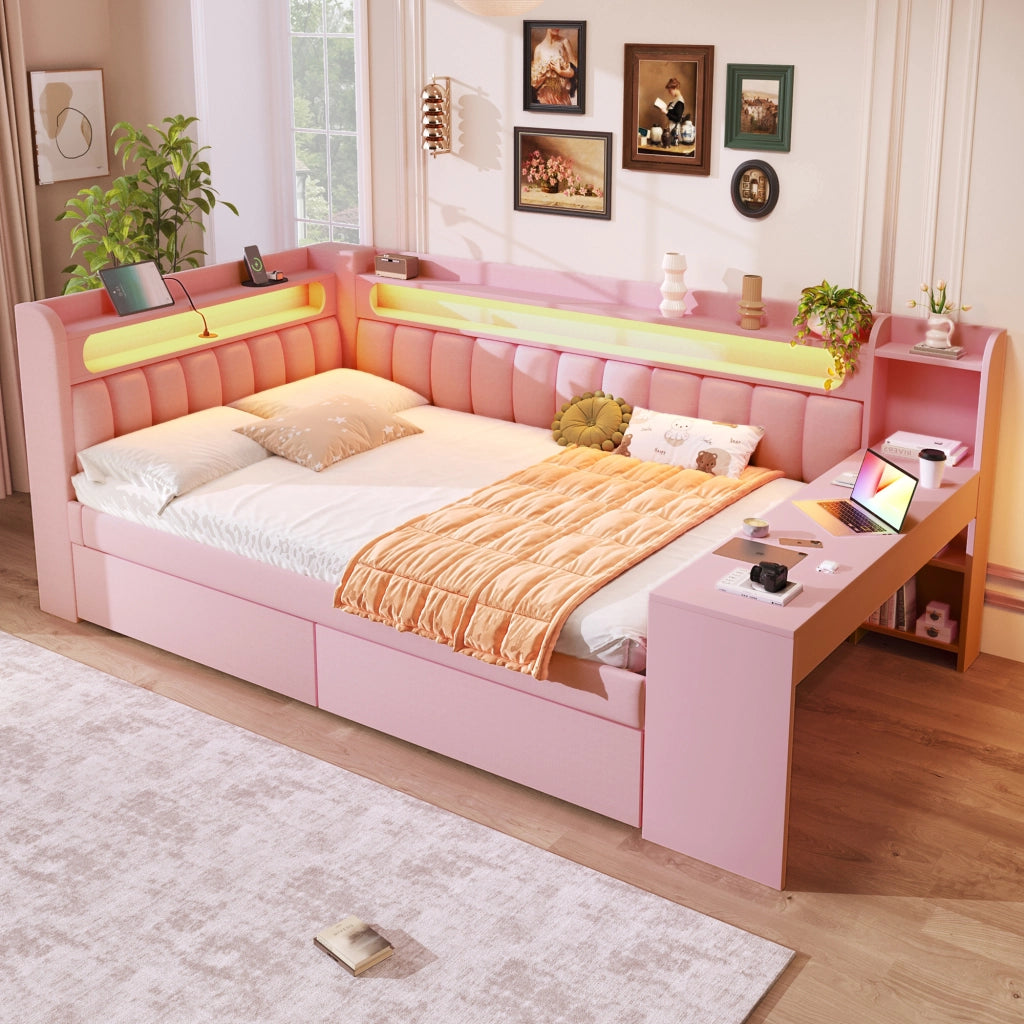 Daybed imbottito 140x200 cm rosa con USB, LED, scrivania e 2 cassetti