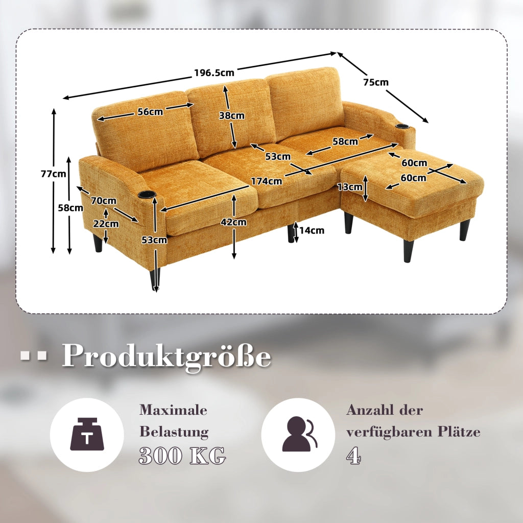 Divano 4 Posti con Poggiapiedi e Contenitore ¨C MINIMAL ¨C Velluto, Braccioli, Portabicchieri