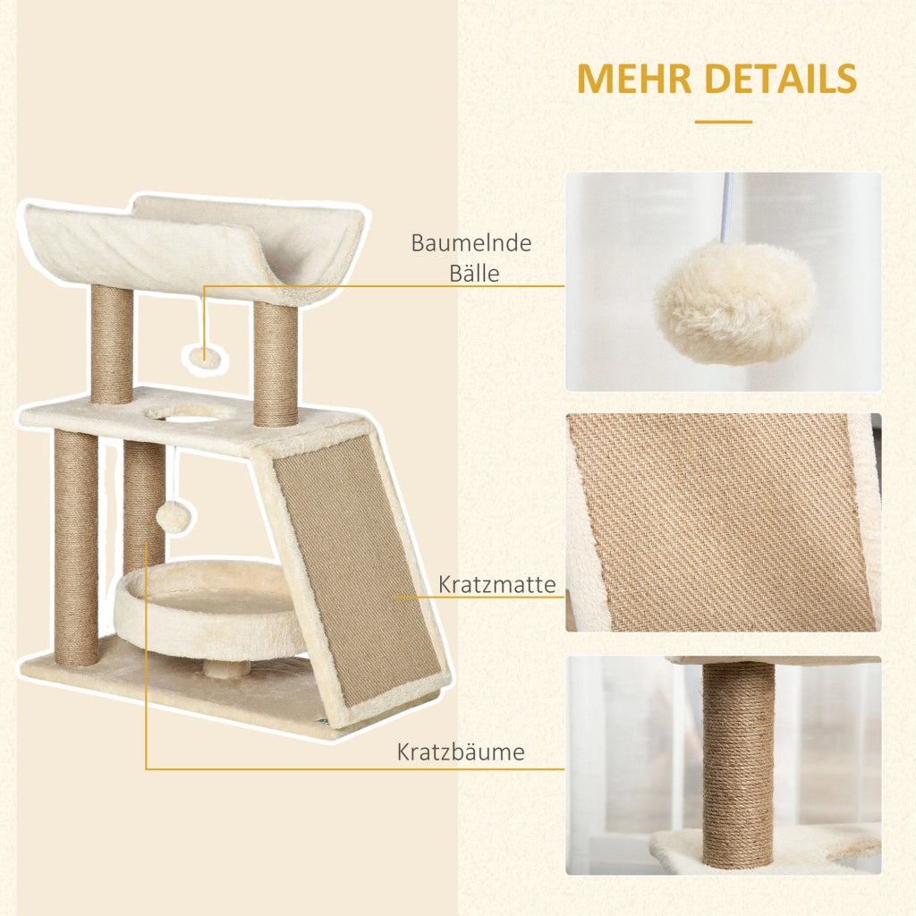 Albero tiragraffi per gatti con giocattoli e cuccia ¨C Zephmum ¨C 60x30x76 cm crema e naturale