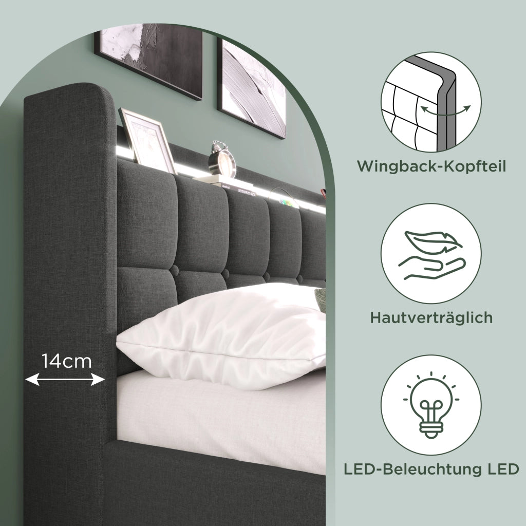 LETTO Singolo 90x200 cm Grigio con USB, LED e 2 Cassetti