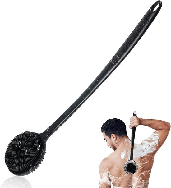Douchettore per la schiena, asta di 43 cm, douchettore a doppia faccia per lo scrubbing e la massaggio, produce abbondante schiuma, douchettore per la schiena con asta lunga per uomo.
