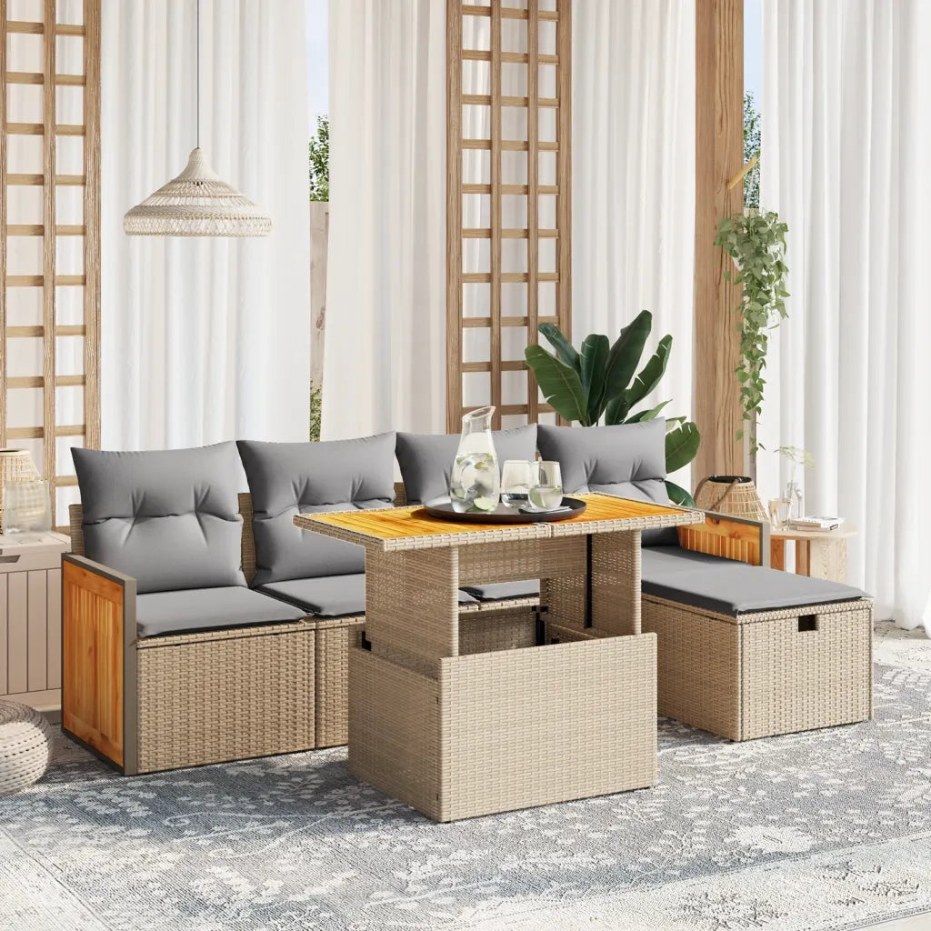 Set Divano da Giardino 6 pz con Cuscini Beige in Polyrattan