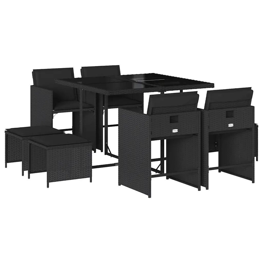 Set da Pranzo da Giardino 9 pz con Cuscini Nero in Polyrattan