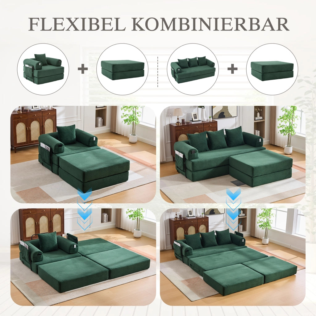 Poggiapiedi Convertibile con Funzione Letto, Struttura Modulare in Velluto Corduroy, Smeraldo