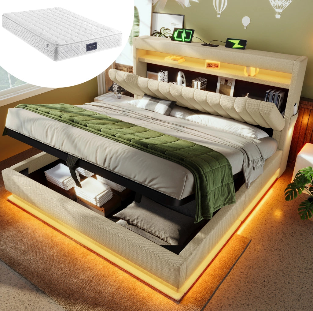 Letto matrimoniale 140x200 con LED, ricarica USB e vano contenitore