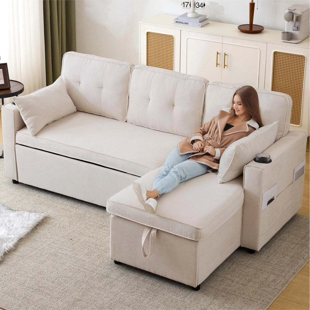 Divano letto L - Zephmum - Design moderno, bracciolo con portaoggetti, spazio di archiviazione