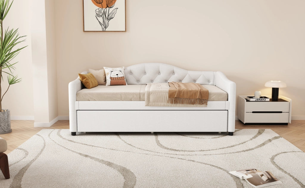 DESMIU Letto singolo 90 × 200 cm 1 posto con letto estraibile, senza materasso, in lino e MDF, stile minimalista, beige
