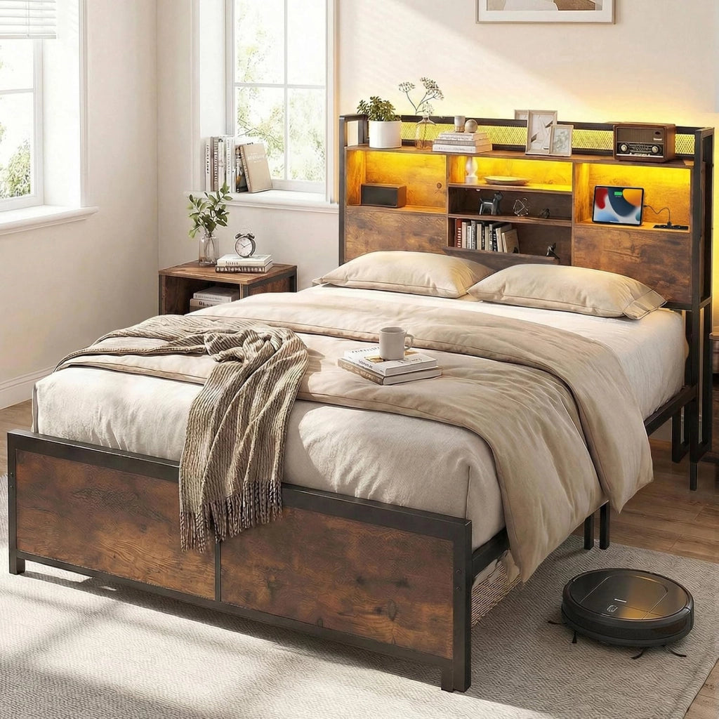 Struttura Letto con Testiera Contenitore, Letto a Piattaforma in Metallo con Stazione di Ricarica 3 Ripiani, Silenzioso, Carico Massimo 300kg (160 x 200 cm Stile 2)