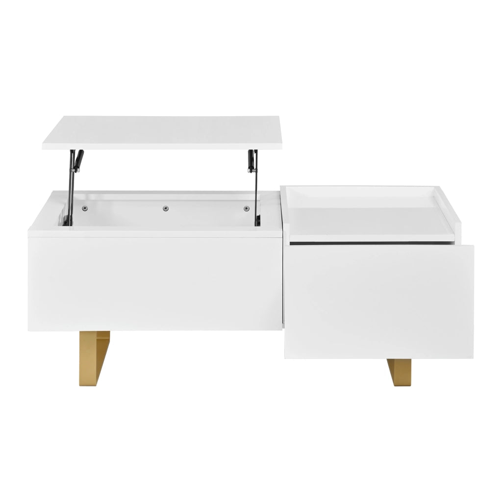 Tavolino basso sollevabile con cassetto e vano contenitore in MDF lucido per soggiorno bianco 100 × 50 × 54,5 cm