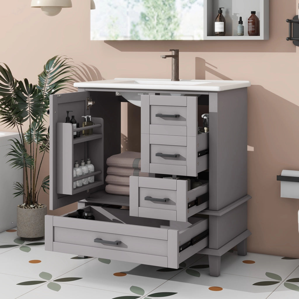 Mobile Bagno con Lavabo Integrato ¨C MINIMAL ¨C Grigio, 76x46x83.5 cm, 3 Cassetti, Ceramica