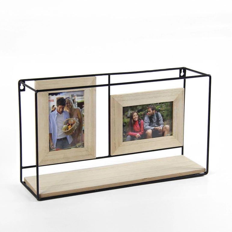 MENSOLA DA PARETE CON RIPIANOE PORTAFOTO 44X13X25CM LEGNO E METALLO NERO