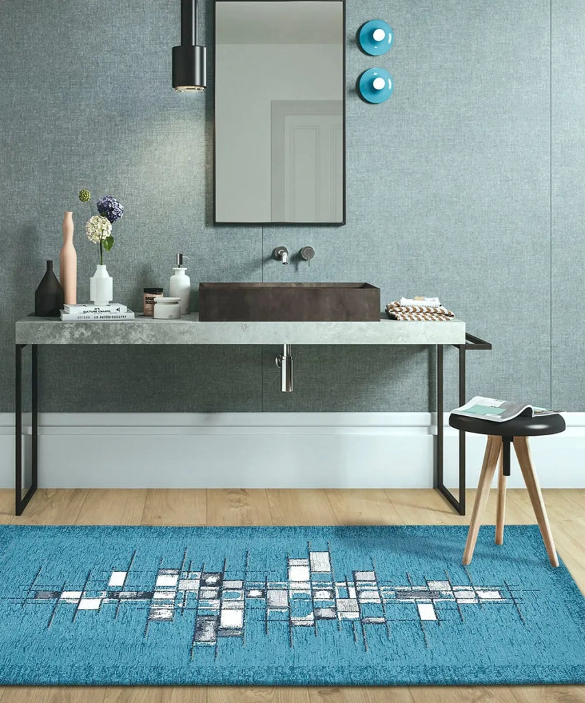 Tappeto moderno PIXEL BLU JEANS disegno arte contemporanea astratto geometrico, passatoia cucina multiuso lavabile in lavatrice e anti-scivolo cm.55x140